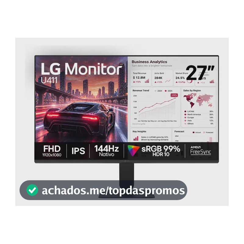 Monitor LG FHD Gamer & Office tela IPS 27”, 1ms (MBR), 144Hz Nativo, FreeSync, HDR10, sRGB, Modo leitura, Flicker Safe, HDMI, Black Stabilizer, Dynamic Action Sync, Preto - 27U411B
