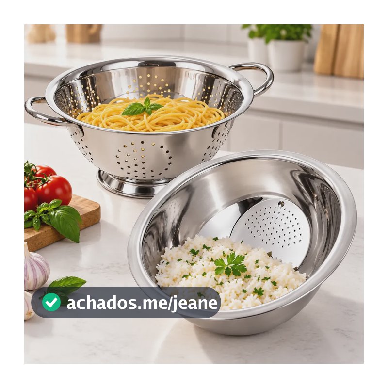 Kit Cozinha Escorredor De Massa 24cm + Lava Arroz 20cm Inox Aço Inox