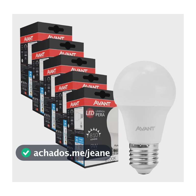 Kit 5 Lâmpadas LED Avant Bulbo Pera 9W Luz Branco-Frio 6500K