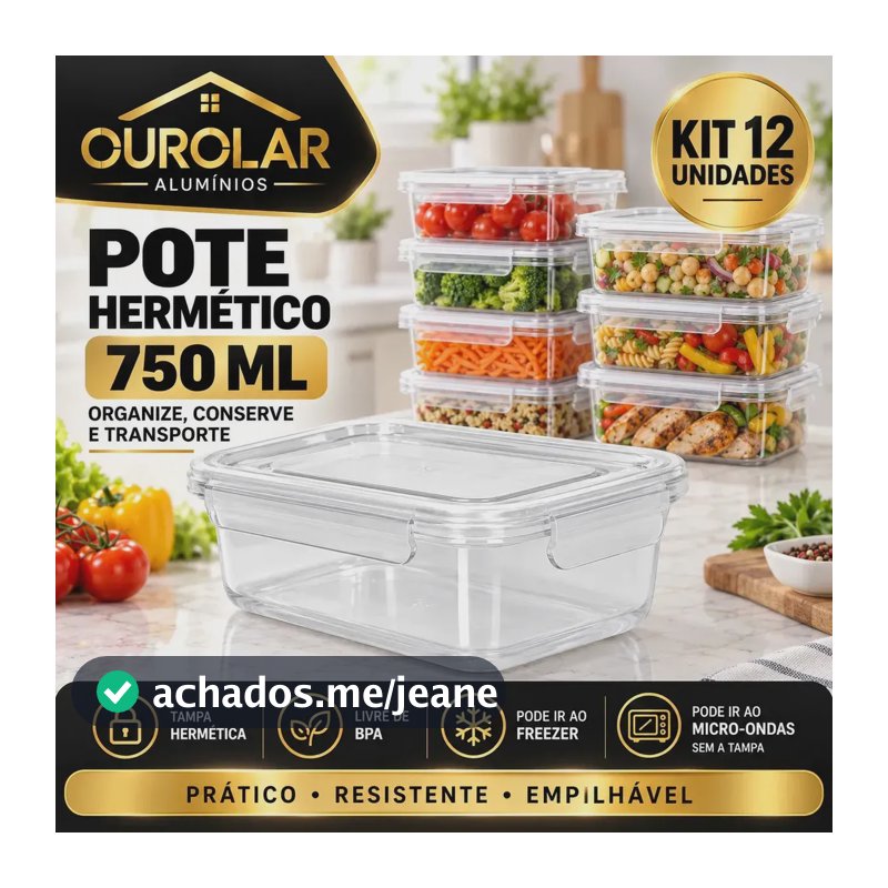 Kit 12 Potes Plásticos 750ml Para Alimentos Hermético Freezer Microondas Marmita Sem Bpa Organizador Com Tampa E Travas Ourolar