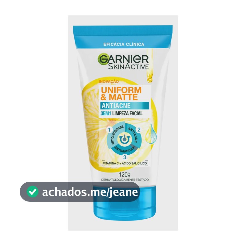 Gel de Limpeza Facial 3 em 1 Antiacne para Pele Oleosa, Controla Oleosidade e Reduz Marcas com Ácido Salicílico Uniform & Matte Garnier 120g