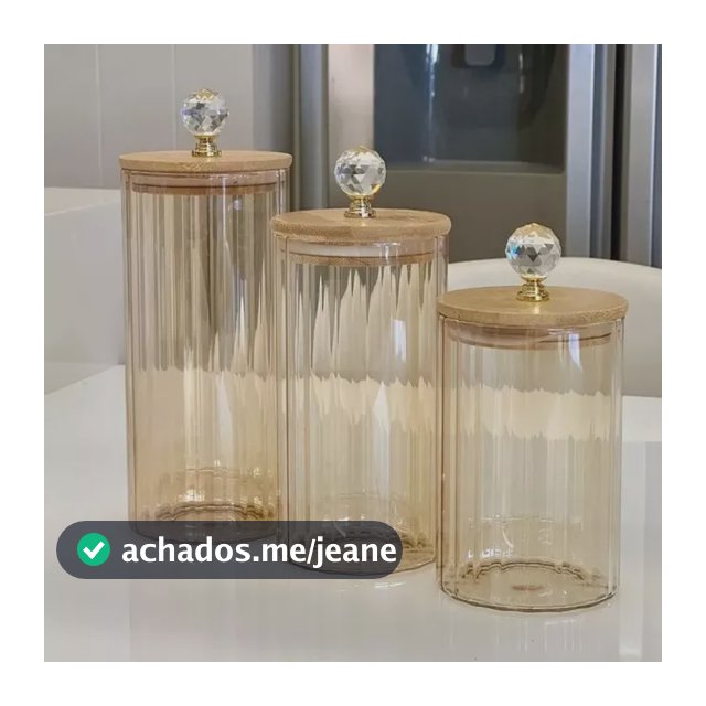 Kit 3 Potes Vidro Âmbar Mantimento Canelado Tampa Bambu Luxo Âmbar