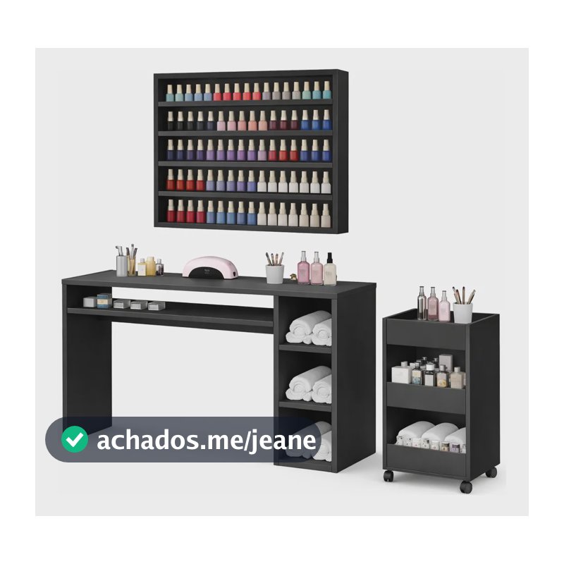 Mesa Manicure Completa Mdf Expositor Carrinho Profissional Preto