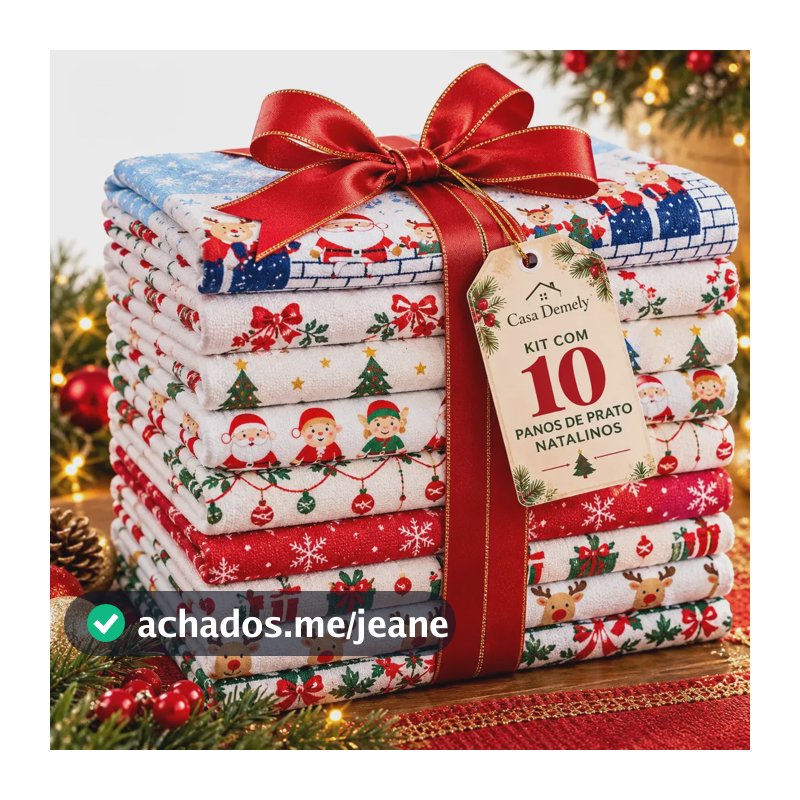 Kit 10 Panos de Prato de Natal Estampados em Algodão para Cozinha