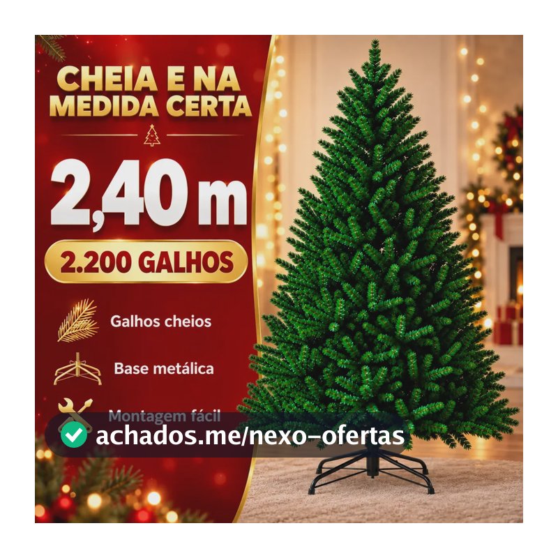 Arvore de Natal Tradicional Pinheiro Luxo 240cm 2200 Galhos Folhagem Cheia 2,40m Metros Montagem Fácil Grande Verde Vibrante Suporte de Ferro e Rápido Galho Articulavel Luxo Decorativa D Densen