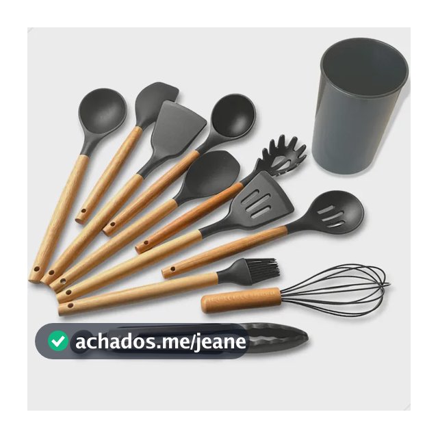 Kit C/12 Utensílios De Cozinha Silicone Cabo Madeira