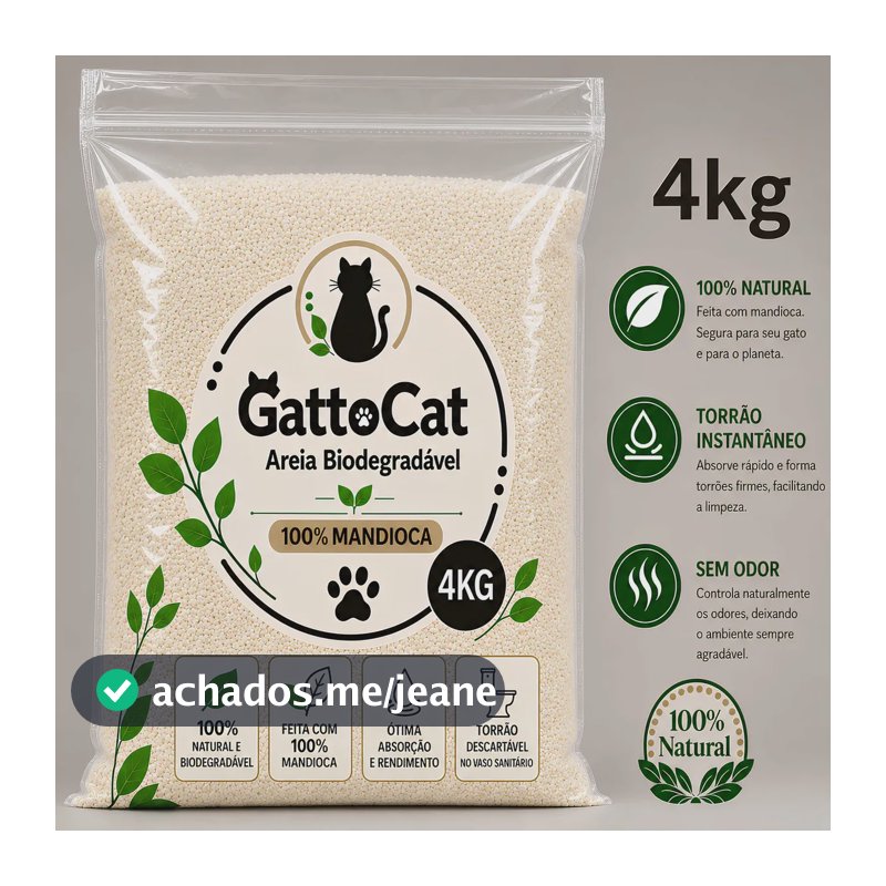 Areia Higiênica Biodegradável para Gatos 4kg 100% Mandioca Fina Torrão Instantâneo Zero odor Sanitária GattoCat