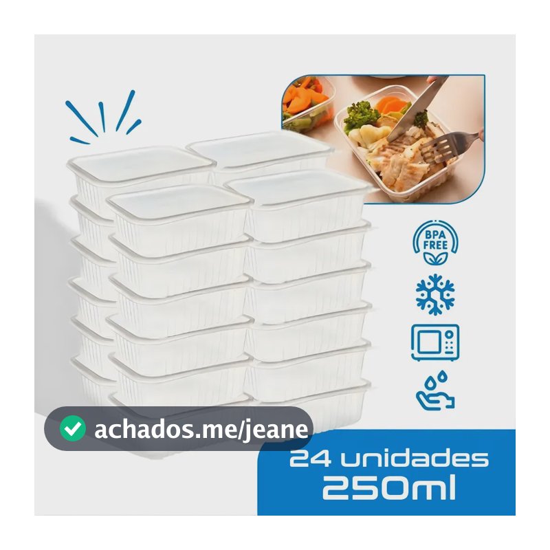 24 Marmitas 250ml Comida Fitness Pote Descartável Retangular Plástico Freezer Microondas Com Tampas - Montza