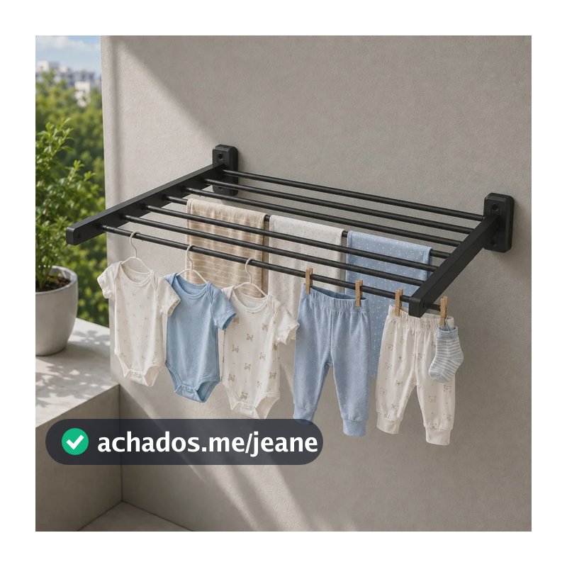 Varal de Parede Retrátil Bahrein Para Roupas de Aço Carbono Preto e Suporta 10kg