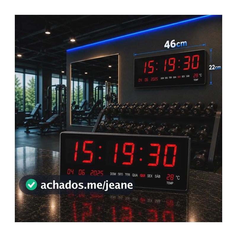 Relógio Parede LED Digital Grande 46x22cm Hall Entrada Academia Hospital Igreja Comércio Recepção Calendário Termômetro Data Hora 12/24h Temperatura Dia Mês Ano Memória Bivolt 110/220 Cor Preto