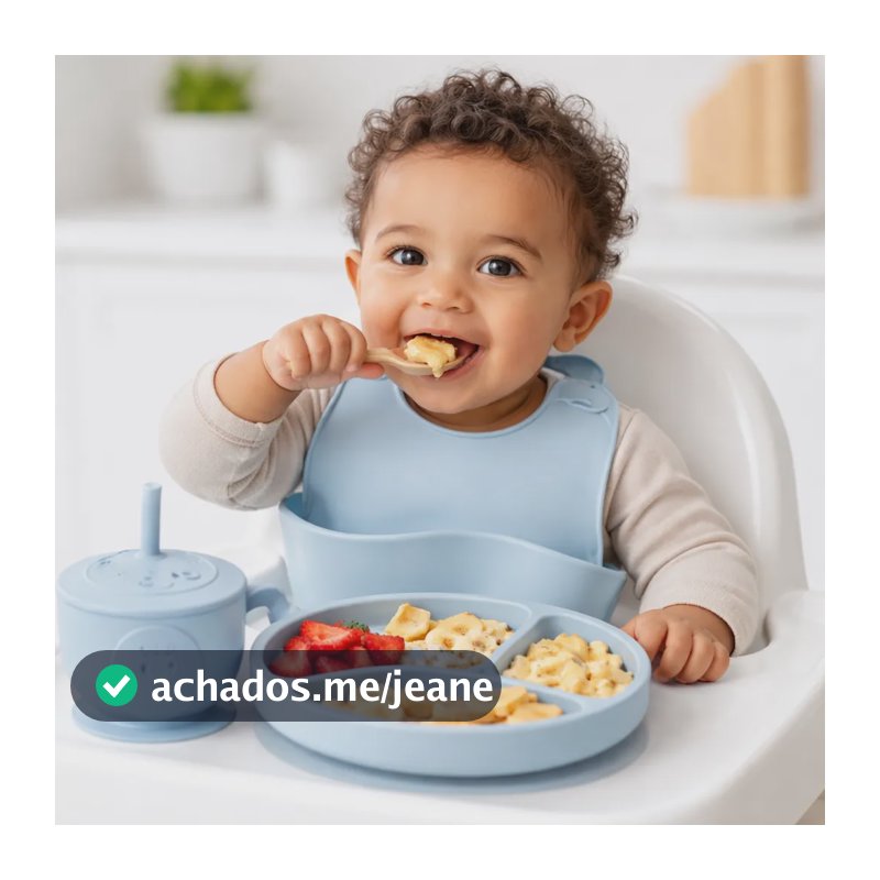 Kit Introdução Alimentar Bebê Silicone 8 Peças Livre Bpa Azul-bebe