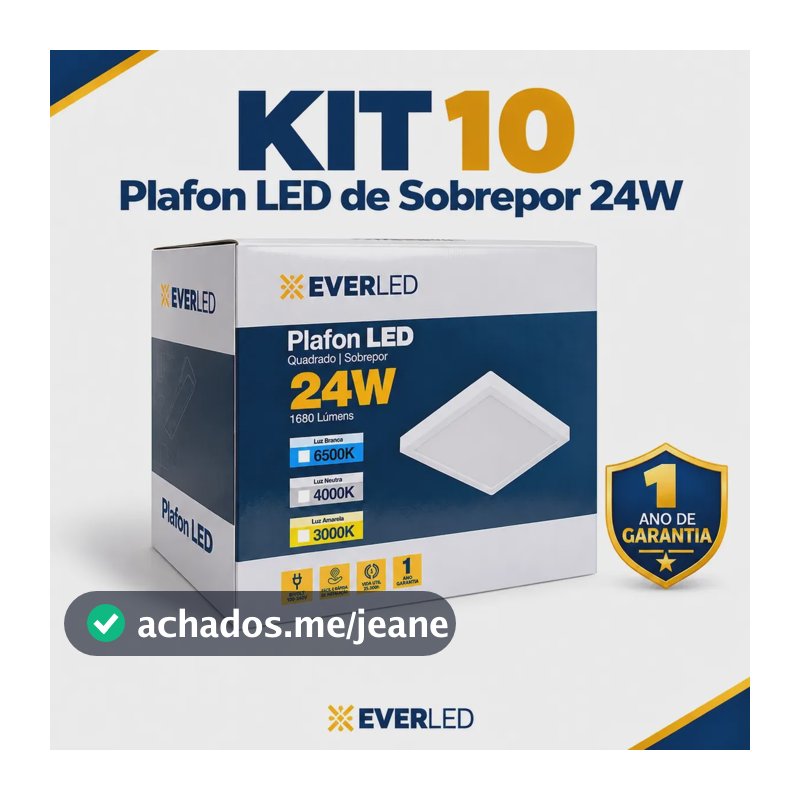 Kit 10 Plafon Led Quadrado Sobrepor 24w 27x27 Policarbonato Bivolt Branco Frio 6500k