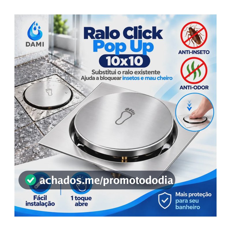 Ralo Click 10x10 Inteligente Pop Up Inox Oculto Invisível Para Banheiro E Cozinhas Acabamento Premium