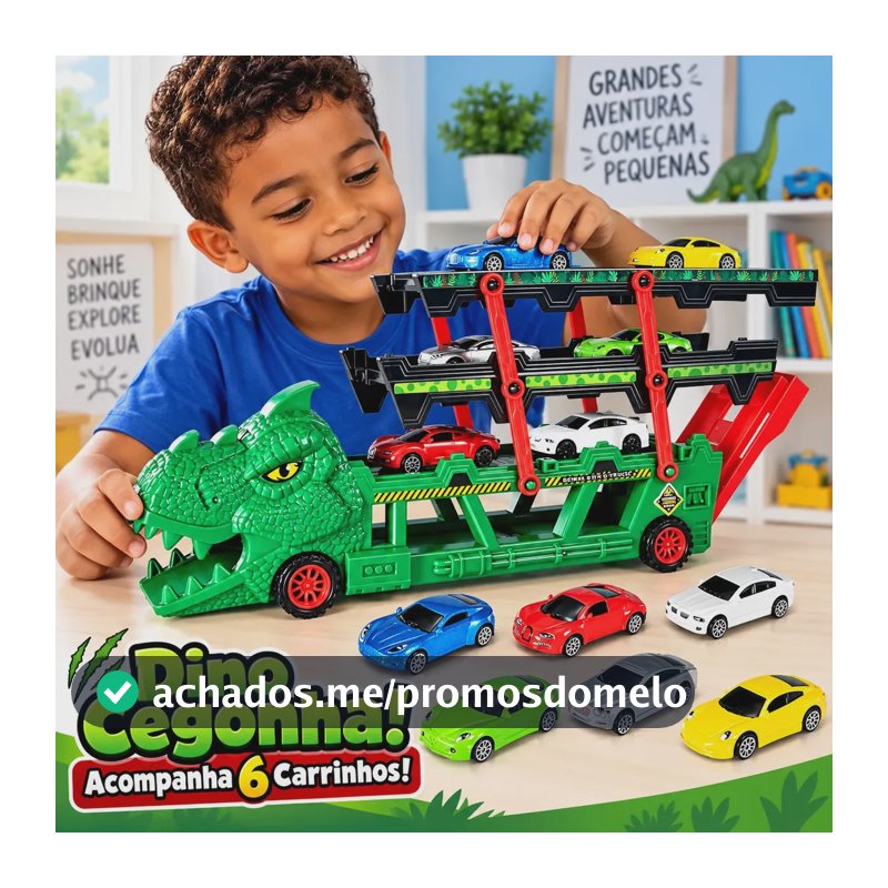 Caminhão Cegonha Lançador Dino Truck Super Pista Dinossauro Carrinhos com 6 Carrinhos Completo Lança e Engole Carros