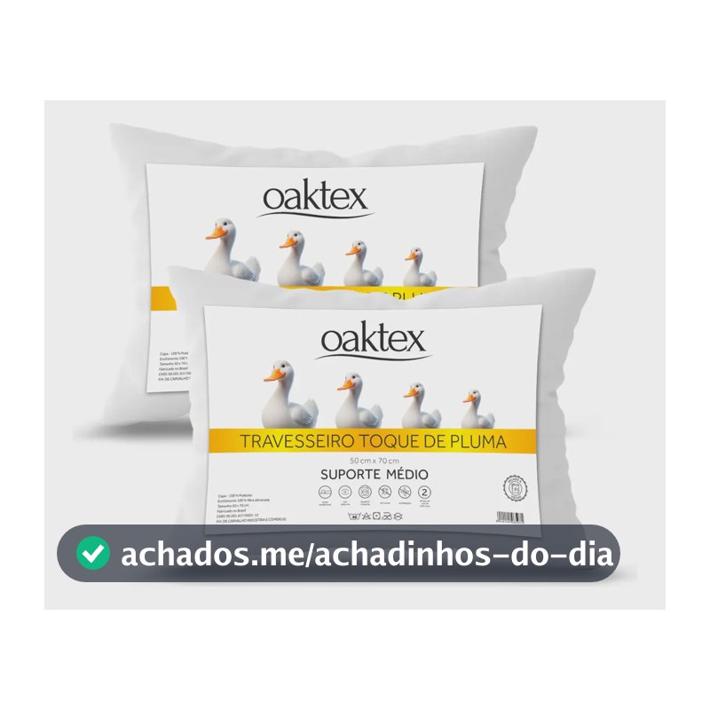 Kit 2 Travesseiros 70x50 Antialérgico Lavável Fibra Siliconada Toque de Pluma de Ganso Oaktex Cor Branco