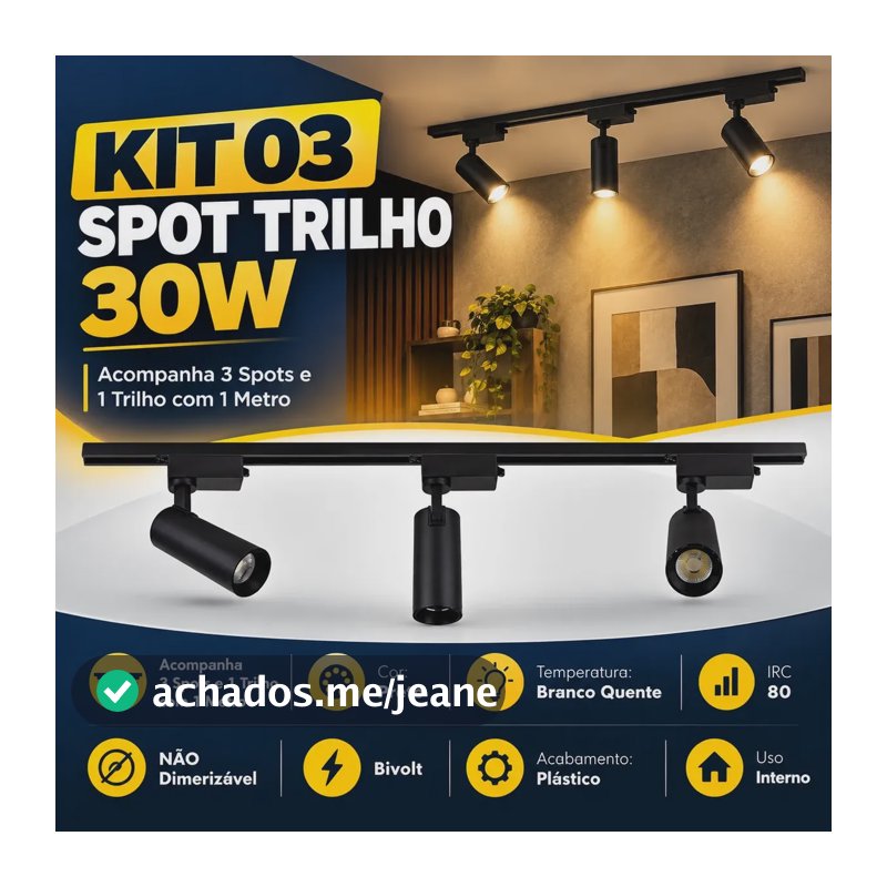 Kit 03 Spot Led 30w Trilho Eletrificado 1 Metro Direcionável 127/220v Preto