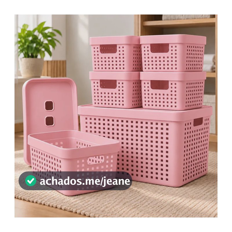 Kit 6 Caixas Organizadoras Com Tampa Invisivel 2l 4,5l 17l Cor Rosa
