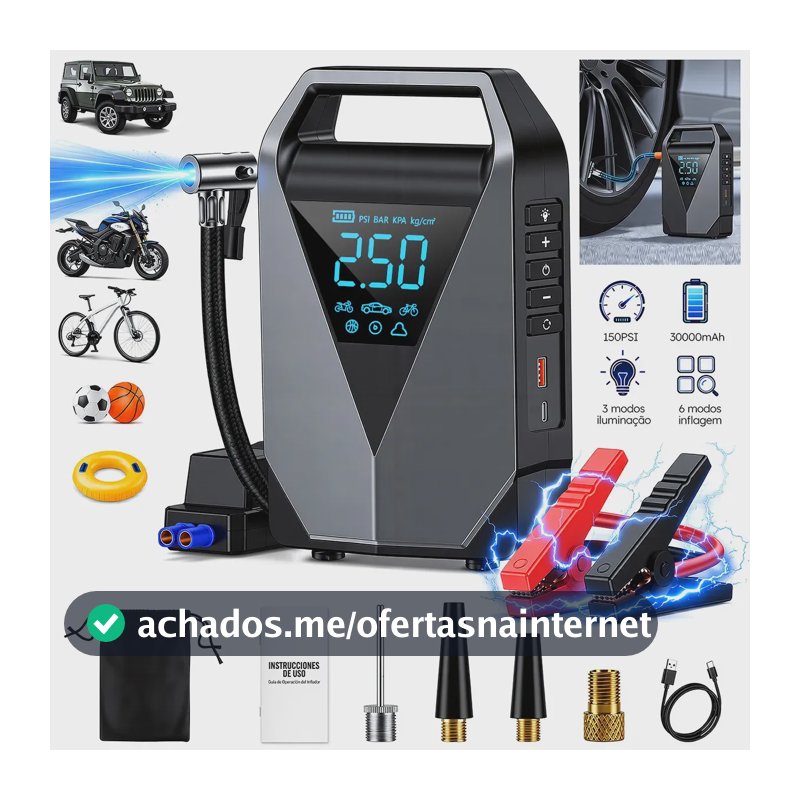 aweshine Compressor de Ar Portátil 150PSI Automotivo com Auxiliar Partida Portátil,6 Modos Inflagem, Power Bank, Tela Digital Grande, Lanterna Emergência 3 Modos Compatível Carro Moto Caminhão