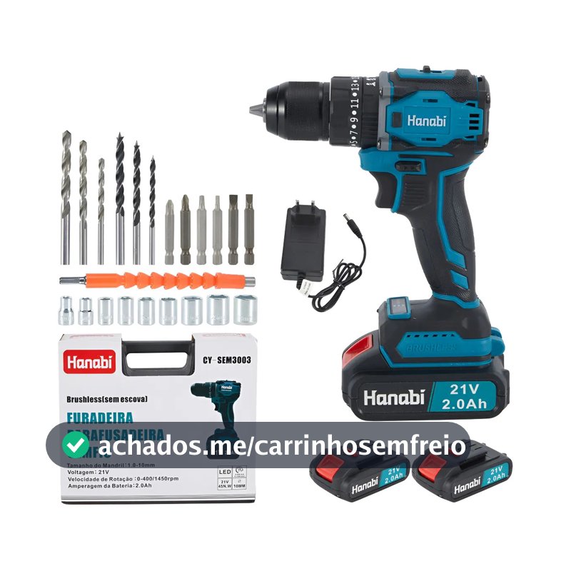 Parafusadeira Furadeira de Impacto Hanabi Brushless Sem Escova 45NM 25 níveis de ajuste 21v 2 Baterias Sem Fio Frequência 60hz 110v/220v (bivolt) Bateria Pardrao Makita