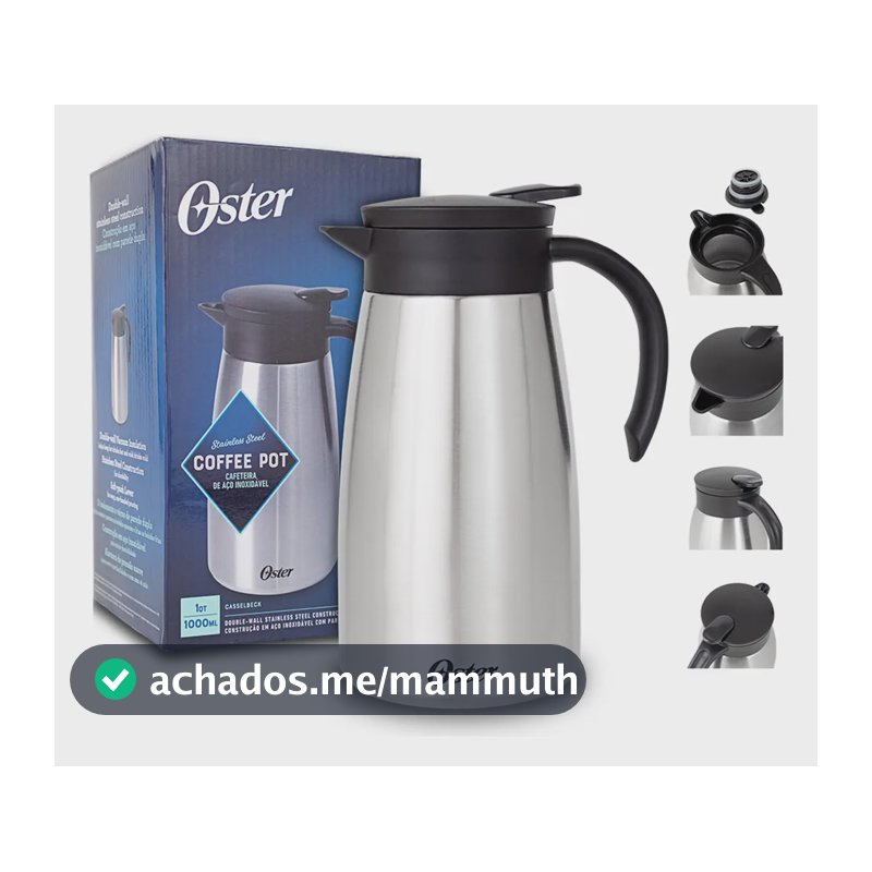 BULE TÉRMICO 1000 ML CASSELBECK OSTER - CORPO EM AÇO INOXIDÁVEL, ALÇA EM BAQUELITE ANTITÉRMICO, BICO DOSADOR COM GATILHO DE LIBERAÇÃO