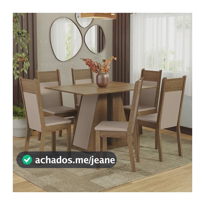 Sala Jantar Mesa Tampo Madeira 6 Cadeiras Beverly Madesa Rcb Cor Rustic/Crema/Sintético Bege Desenho do tecido das cadeiras Liso