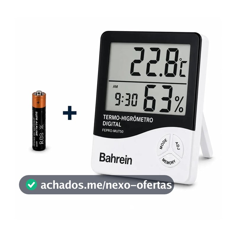 Termo Higrômetro Digital Bahrein para Medir Temperatura e Umidade com Relógio