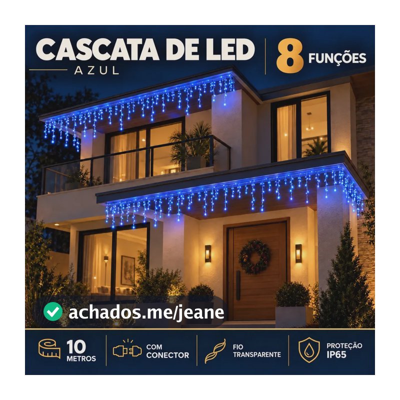 10m Cascata 400 Leds 8 Funções Luzes Natal Pisca Prova Dágua Azul 220v