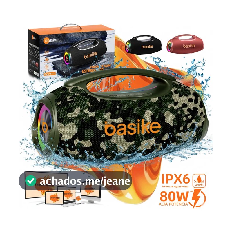 Caixa de Som Boombox Basike 80W Portátil Com Bluetooth 5.3 e RGB