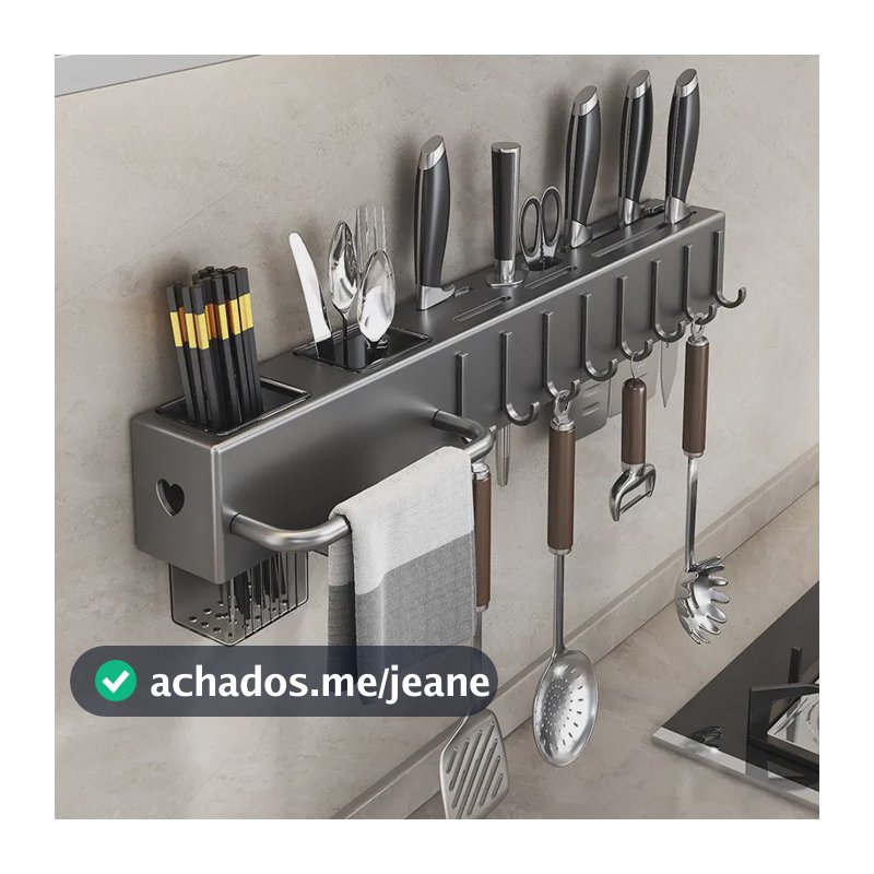 Suporte Organizador Para Utensílios De Cozinha Preto C/ 8 Ganchos