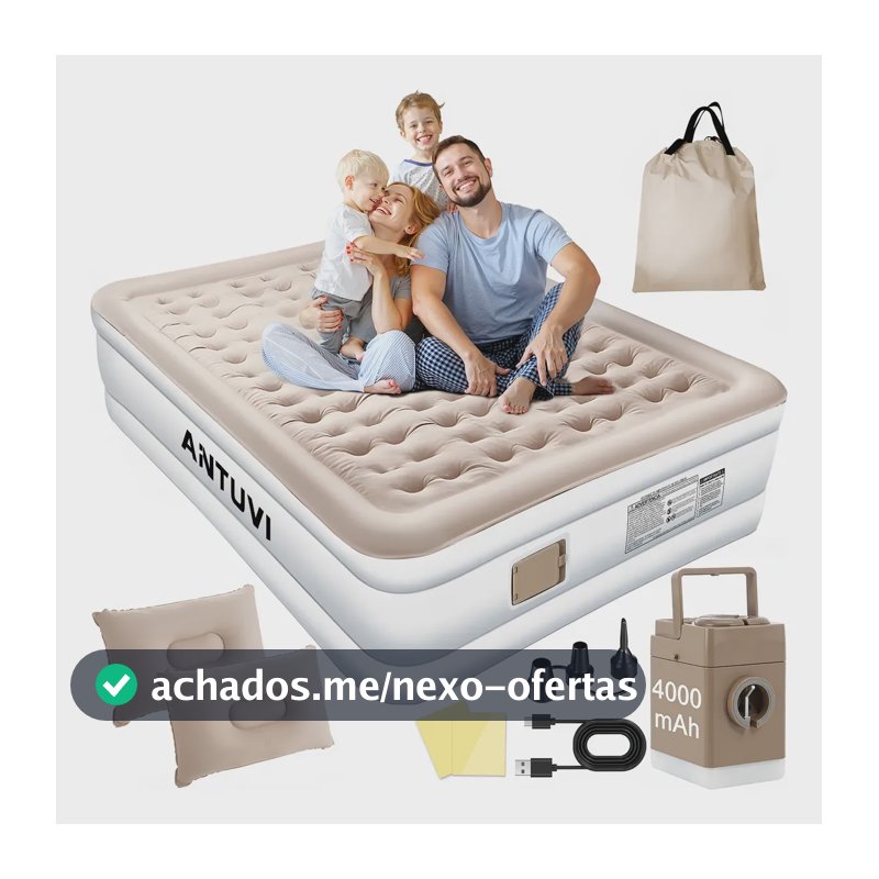 Colchão Inflável Queen Com C/ Bomba Bivolt Usb+2 Travesseiro Cáqui