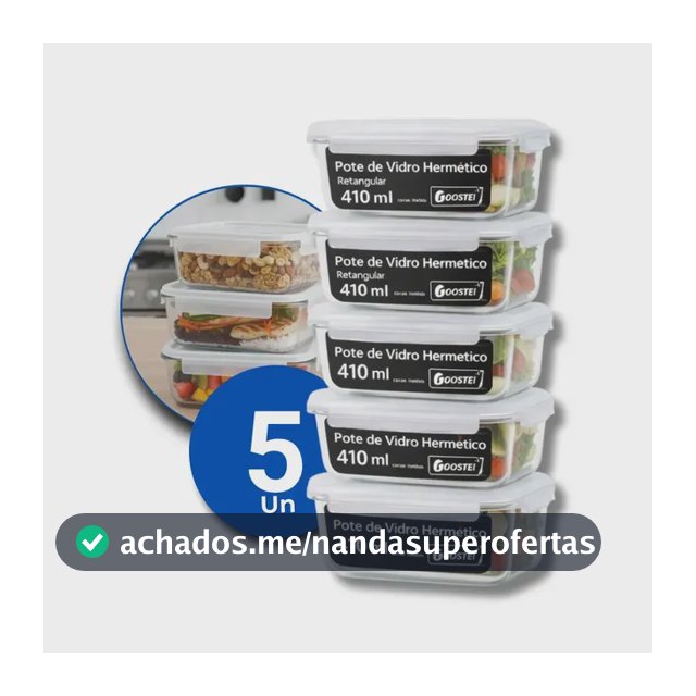 Kit 5 Potes De Vidro Hermetíco 410ml Marmita Forno Retangular Com 4 Travas Gostei!