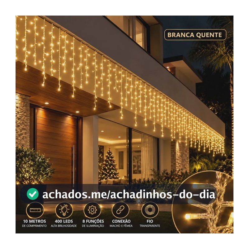 Cascata de Natal 400 Leds 10 Metros Conexão Macho E Fêmea Prova D'água Função Luzes De Natal Pisca Pisca Branco Quente 110v