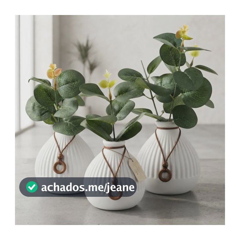 Trio De Vasos Decorativos Arranjo Eucalipto Artificial Branco Flor Verde