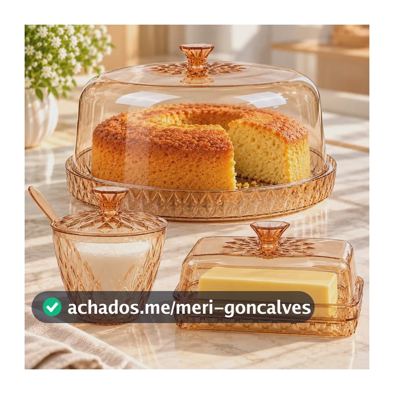 Boleira Borda Alta Com Açucareiro e Manteigueira Mesa Posta Tampa Em Acrílico Âmbar Transparente Resistente