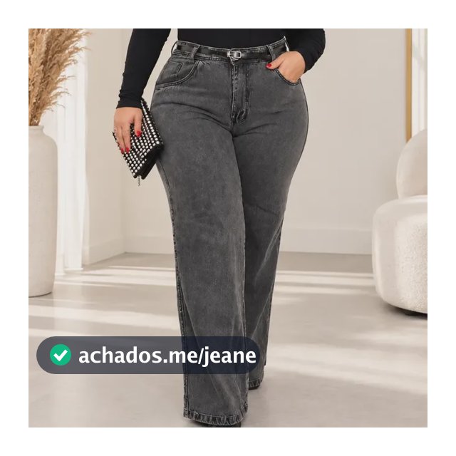 Calça Jeans Feminina Plus Size Wide Leg Cintura Alta Grafite