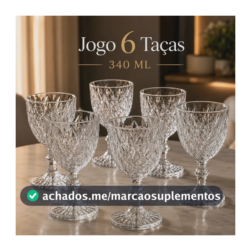 Jogo 6 Taças De Vidro Diamond 340 ml Com Pé Lapidadas Transparentes Textura Diamante Em Relevo Para Vinho Água Suco Espumante Champanhe Gin E Drinks Kit Conjunto Cálice De Vidro Lapidado 6 Unidades