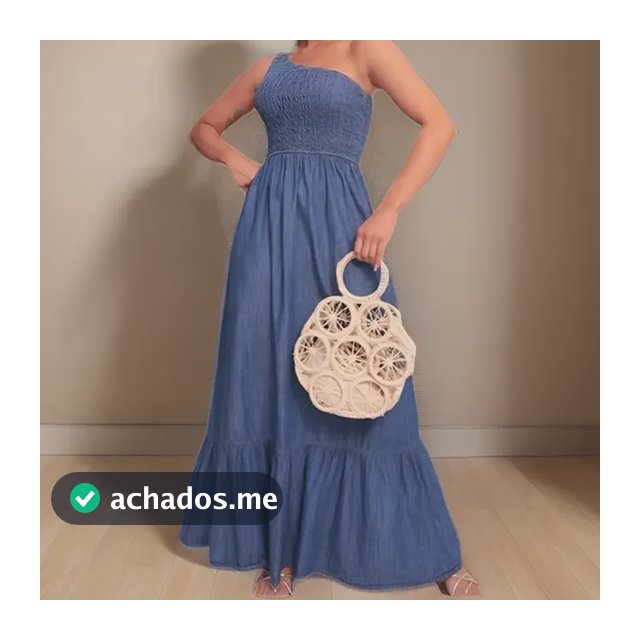 Vestido Feminino Longo Jeans Rodado Manga Unica Com Elastico
