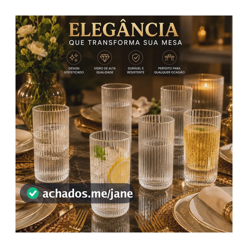 Jogo 6 Copos Vidro Canelado 450ml Grande Premium Água Suco Refrigerante Whisky Gin Drinks Coquetel Cerveja Long Drink Moderno Elegante Mesa Posta Cozinha Restaurante Bar Pétalas Douradas