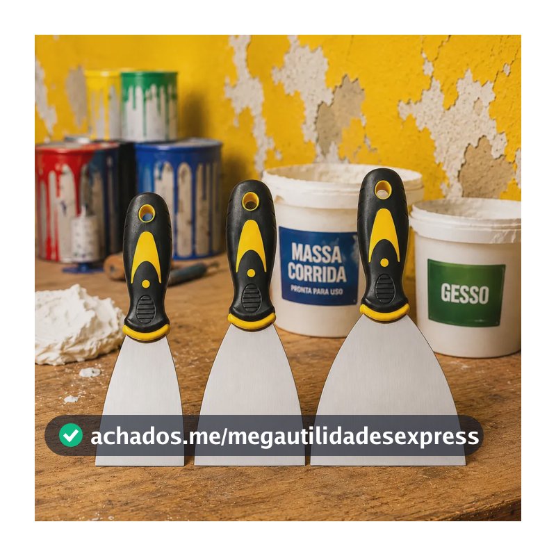 Kit 3 Espátulas Aço Massa Corrida Gesso Pintor Profissional Multiuso Pintura Drywall Rejunte Cabo Emborrachado Reforma Construção Raspar Superfície Tinta Parede Acabamento Pedreiro GUILBREN TOOLS