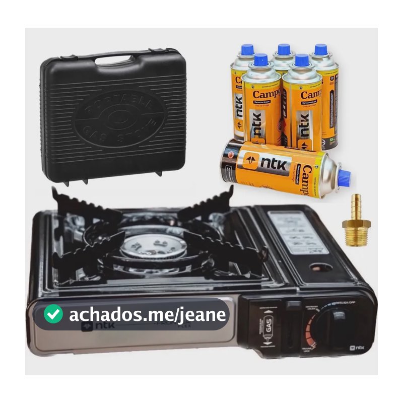 Fogareiro portátil com acendedor automático e maleta com adaptador preto + 6 Refil