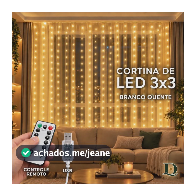 Cortina de Led 300 LEDs 3x3 Metros Branco Quente Decoração Natal