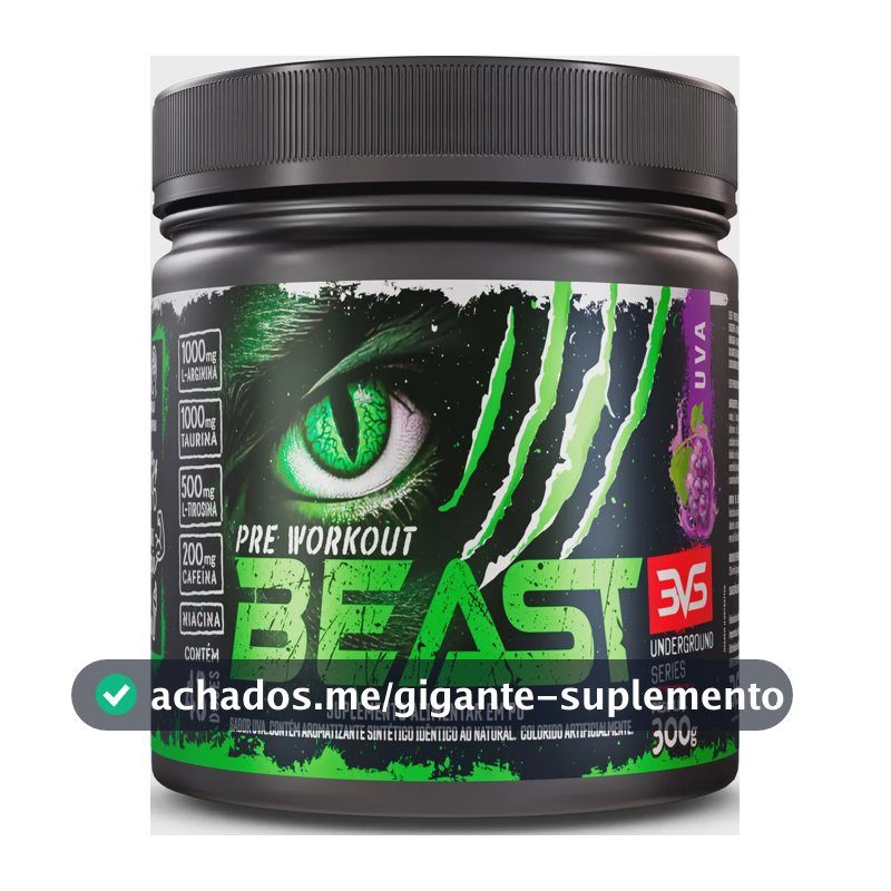 Pré-treino Beast 300g Sabor: Uva - Ultra Concentrado - Promove Vasodilatação, Recuperação Energética, Aumento De Óxido Nítrico, Desintoxicação E Melhora De Concentração E Foco