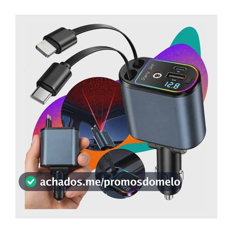 Carregador Veicular Retrátil Turbo 120W 4 em 1 Com 2 Cabos Para Carros Caminhão Carga Rápida Tipo-c E USB Compatível Com iPhone Samsung