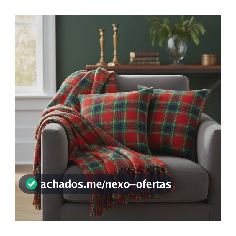 Kit Manta + 2 Capas De Almofada Jacquard Fio Tinto Natalino Vermelho E Dourado Xadrez