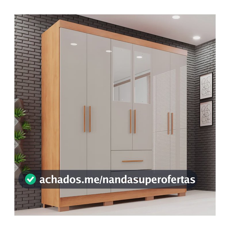 Guarda-roupa Casal com Espelho 6 Portas 2 Gavetas Sallêto Cinamomo/Off White