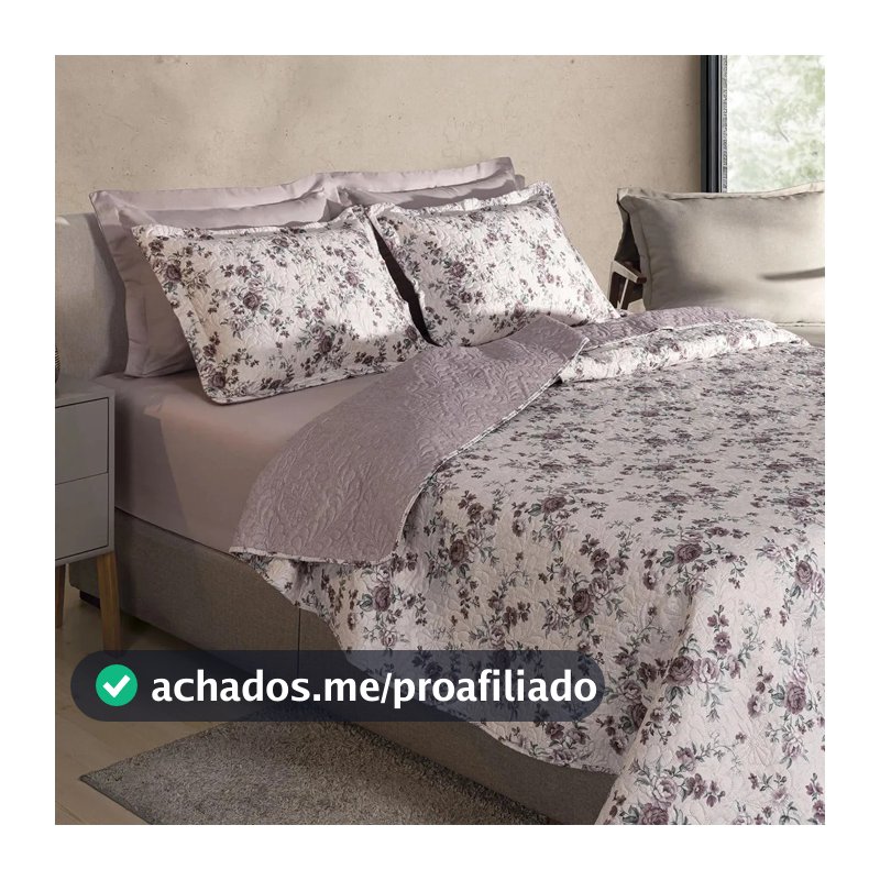 Kit Cobre Leito Colcha King 3 Peças Boutis Dupla Face Porta Travesseiro Aba Americana - Diana Rosa