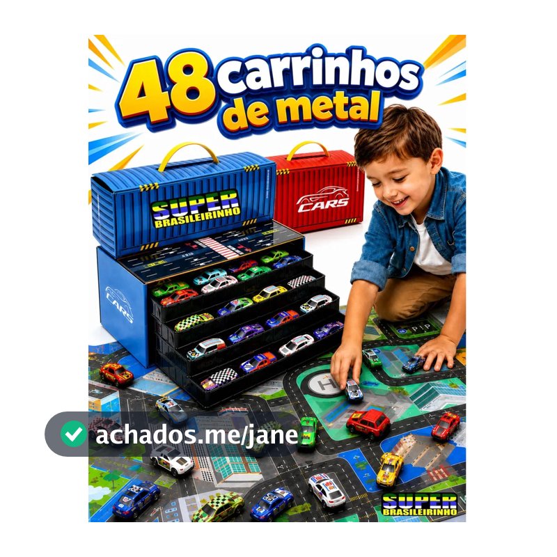 Maleta 48 Carrinhos + Tapete Pista 40x60 Estacionamento Brinquedo Infantil Presente Criança - Super Brasileirinho