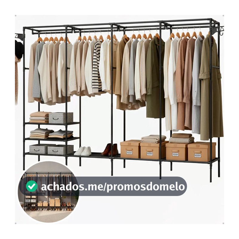Guarda Roupa Cabideiro Organizador Closet Aberto Desmontavel Arara Divisórias 10 Prateleiras Aço Resistente Preto Irsina