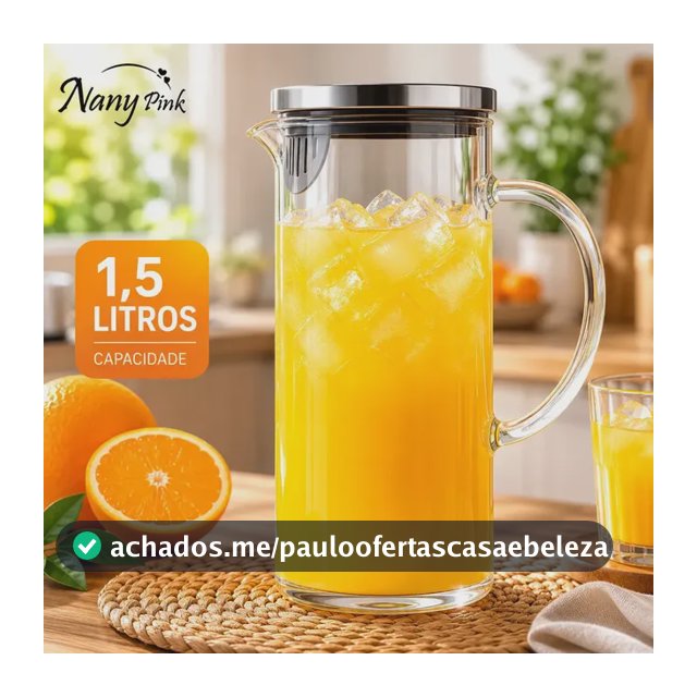 Jarra Vidro Borossilicato 1,5 Litros Tampa Inox Hermética Agua Suco Transparente - Nany Pink