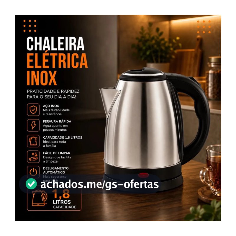 Chaleira Jarra Elétrica 1,8l Litros Em Inox Desligamento Automático Aquecimento Rápido Segura Café Chá Fácil Abertura Tampa Alça Viacruz